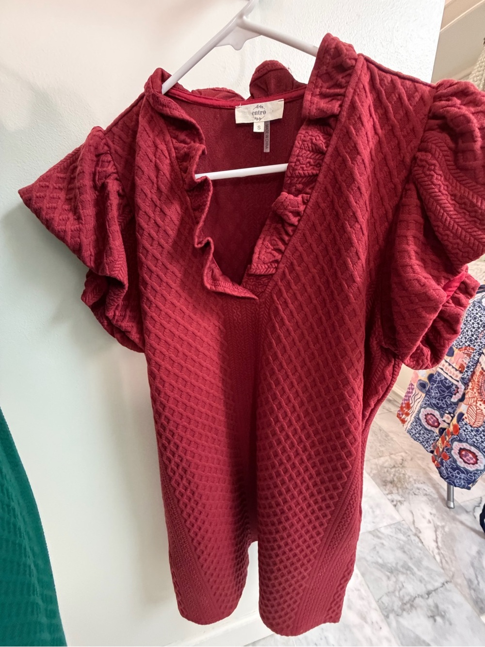 entro Wine Textured Ruffle V-Neck Blouse
